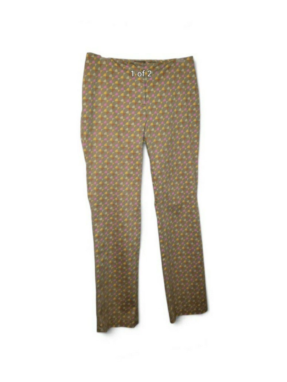 Sigrid Olsen sz 4 skinny pants in tan with pink & yellow geometric print.
